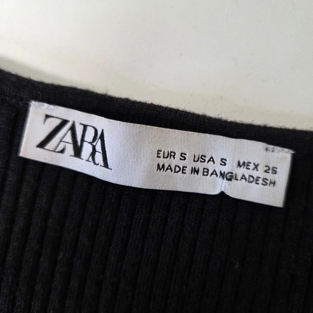 Zara Womens Small Black Ribbed Knit Keyhole Tie Front Long Sleeve Crop Top S